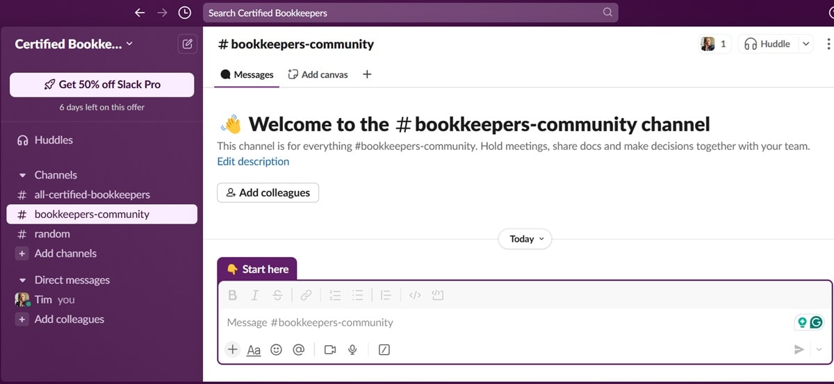 A community created within Slack titled "bookkeepers-community"